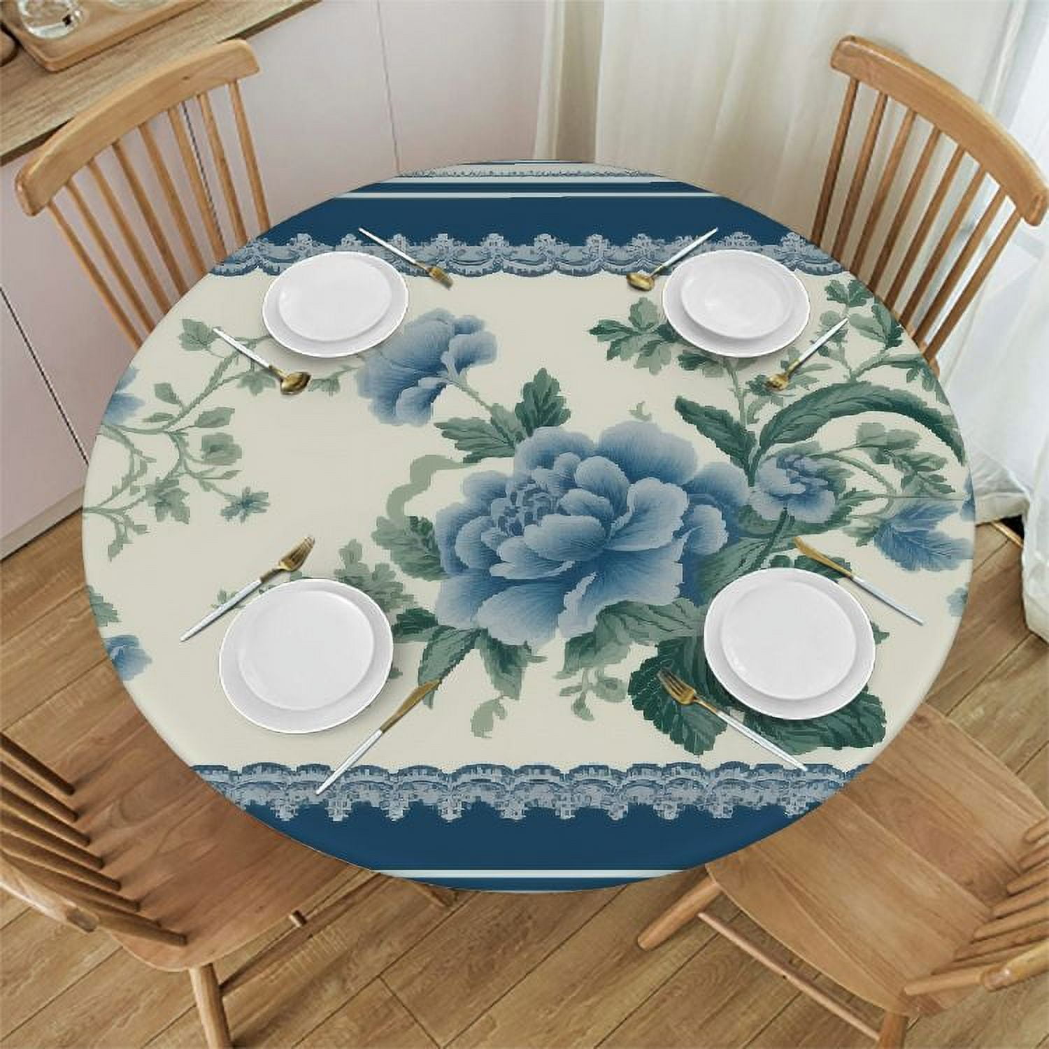 JEUXUS Blue White Floral Tablecloths, Vintage Flowers Disposable Table