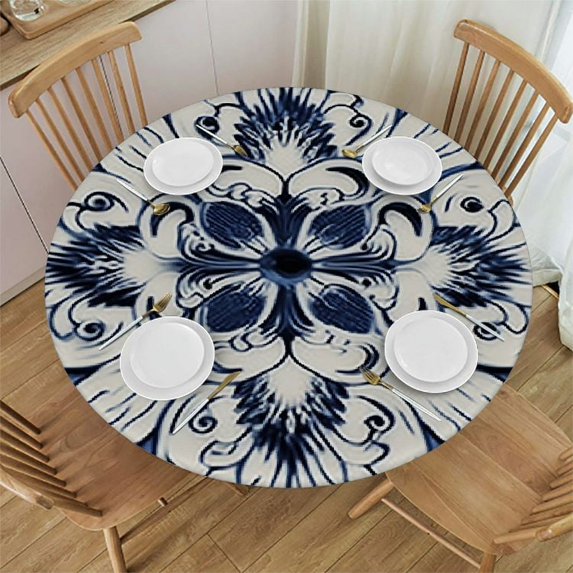 RUIYC Blue White Round Tablecloth Flora South Mandala Design Waterproof Oil Proof Table Cover for Indoor and Outdoor Eastern Fits up Diameter Tables