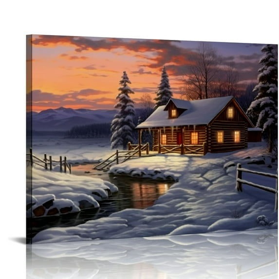 JEUXUS Blue Winter Landscape Home Decor Canvas Printed Oil Painting Wall Art Cabin Picture Living Dining Room Decorations Fashion Framed