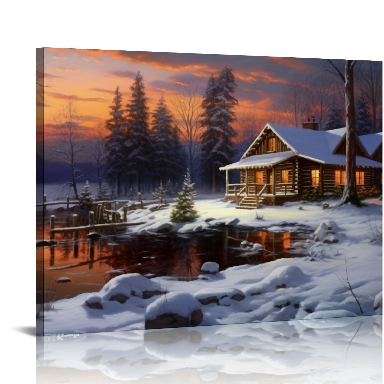 JEUXUS Blue Winter Rustic Wall Art Home Decor Canvas Printed Oil Painting Cabin Picture Living Dining Room Decorations Fashion Framed (20''x40'')
