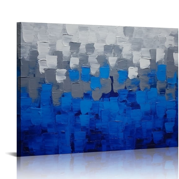 JEUXUS Blue and Silver Abstract Wall Art on Canvas Textured Handmade Oil Painting 20x16in