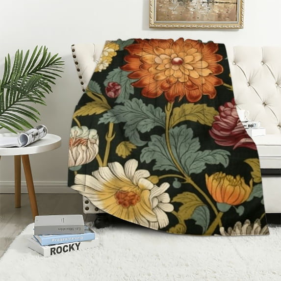 JEUXUS Boho Floral Botanical Throw Blankets, Mid Century Morden Plant Abstract Bohemian Flowers Tropical Leaves Cozy Warm Bed Couch Blanket, White Flannel Throws to Decorate Room and Bedroom