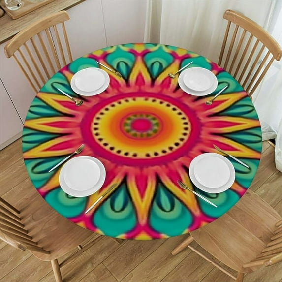 JEUXUS Boho Floral Mandala Round Tablecloth Waterproof Tablecover for Outdoor Patio Party Picnic Wedding Indoor Kitchen Dinner Tabletop Decoration