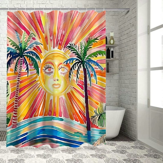 JEUXUS Boho Sun Pink Wave Retro 70s Rainbow Sunrise Sunset Bathroom Shower Curtain Set with Hooks White