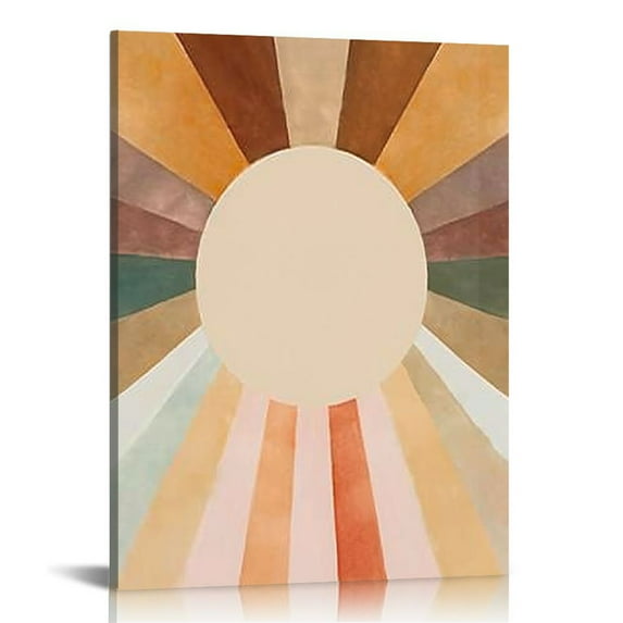 JEUXUS Boho Sun Wall Art, Framed Canvas Wall Art Rainbow Sun Rising on the Horizon Geometric Nature Illustrations Line Art Wall, Office, Watercolor