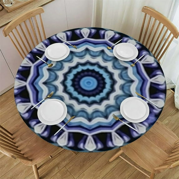 JEUXUS Boho Tablecloth Fitted Round Purple Mandala Floral Pastoral Elastic Edged Table Cover Reusable Wipeable Polyester Table Cloth for Patio Banquets Dining Picnic Outdoor Decor
