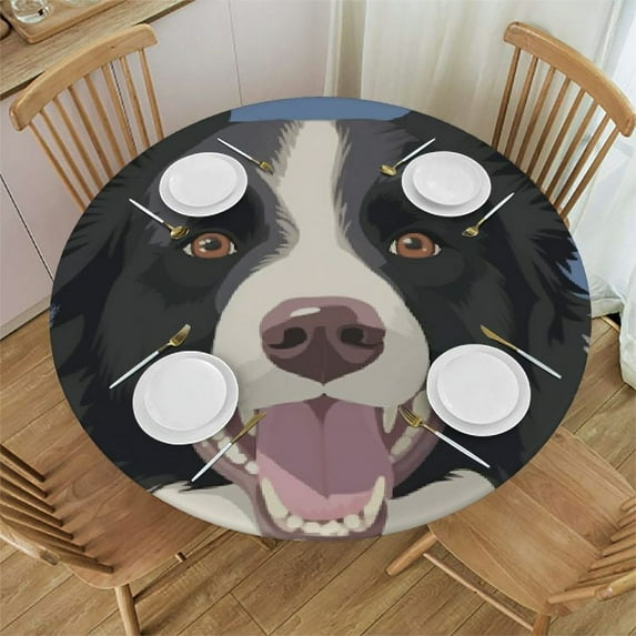 JEUXUS Border Collie Dog Round Tablecloths Table Covers with Elastic Polyester Fitted Tablecloth Circular Table Cover for Indoor Outdoor Party Picnic Fit Table