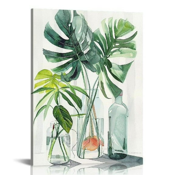 JEUXUS Botanical Bathroom Wall Art Green Leaf Tropical Plant Bathroom Wall Decor Rustic Natural Botanical Pictures Canvas Print Painting Framed Modern Home Artwork For Office Bedroom Kitchen