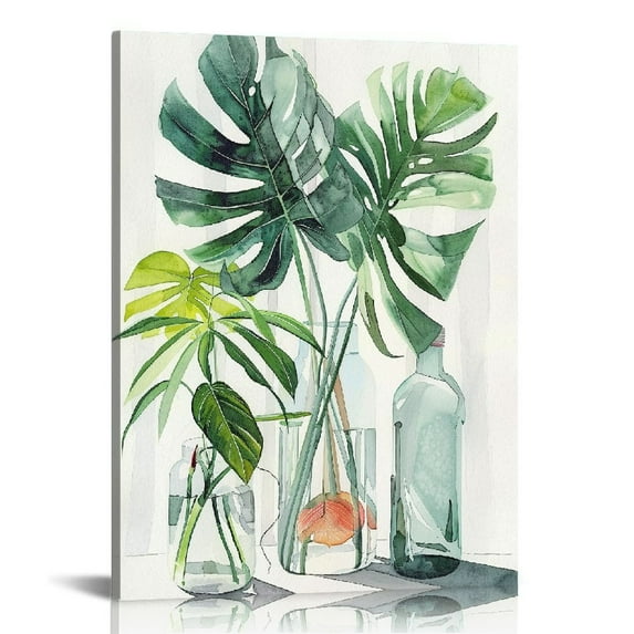 JEUXUS Botanical Bathroom Wall Art Green Leaf Tropical Plant Bathroom Wall Decor Rustic Natural Botanical Pictures Canvas Print Painting Framed Modern Home Artwork For Office Bedroom Kitchen