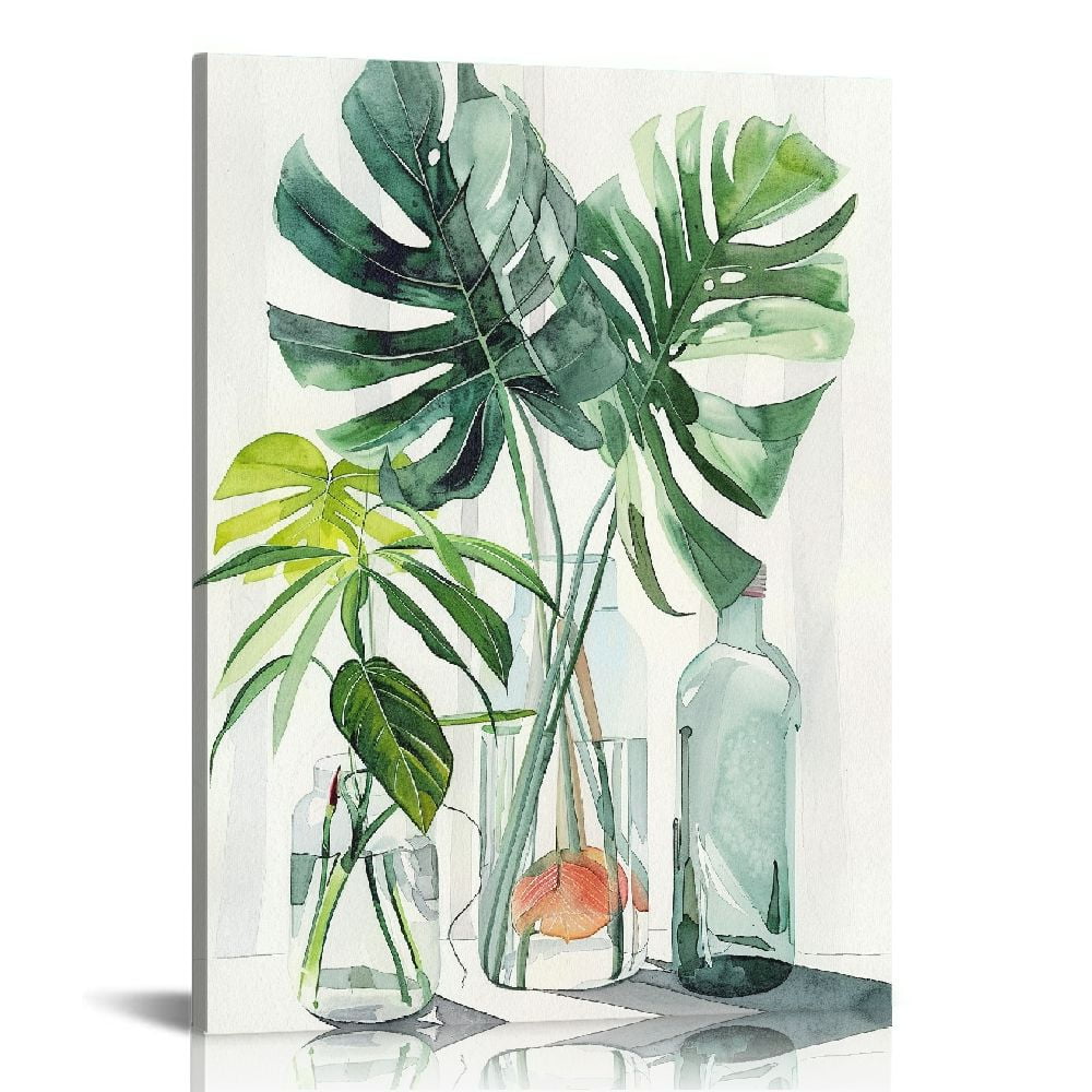 JEUXUS Botanical Bathroom Wall Art Green Leaf Tropical Plant Bathroom Wall Decor Rustic Natural Botanical Pictures Canvas Print Painting Framed Modern Home Artwork For Office Bedroom Kitchen