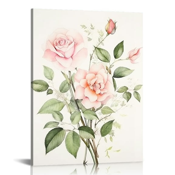 JEUXUS  Botanical Wall Art Watercolor Floral Plant Leaves Canvas Prints Poster for Bedroom Living Room Wall Decor Gold and Pink Roses Green Leave Picture