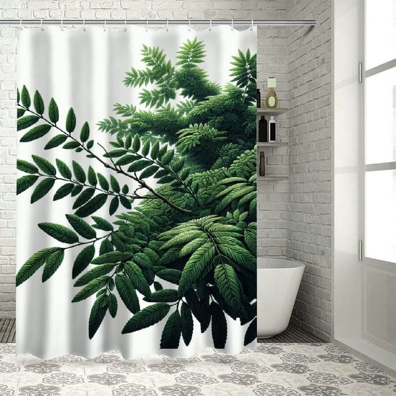 JEUXUS Botanical Watercolor Green Leaf Tropical Boho Decor for Bathroom Shower Curtain Multiple Sizes White