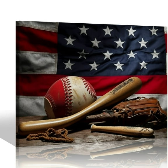 JEUXUS Boy Bedroom Vintage Wall Art Decorations Baseball Gear in Front of a Shabby Flag Canvas Prints Posters for Boys Room Decor Rustic Gym Ball Picture Painting Ready to Hang 20x16 inch