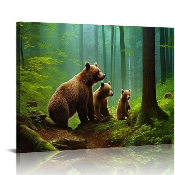 JEUXUS Brown Bear Wall Art for Kids Room, PIY Cute Animal Canvas Painting of Mother and Cub in Old-Growth Forest Picture, Adorable Family Wildlife Decor 16x12in