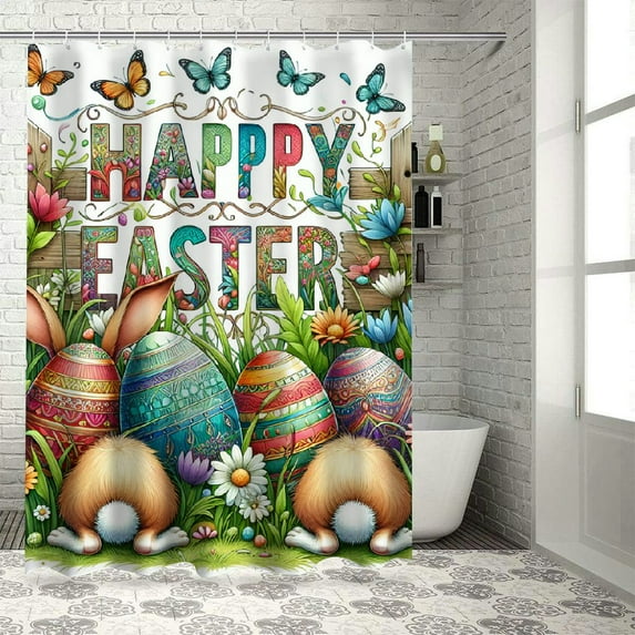 JEUXUS Bunny Egg Spring Flowers Butterfly Wood Grain Aesthetic Shower Curtain for Bathroom Decoration White