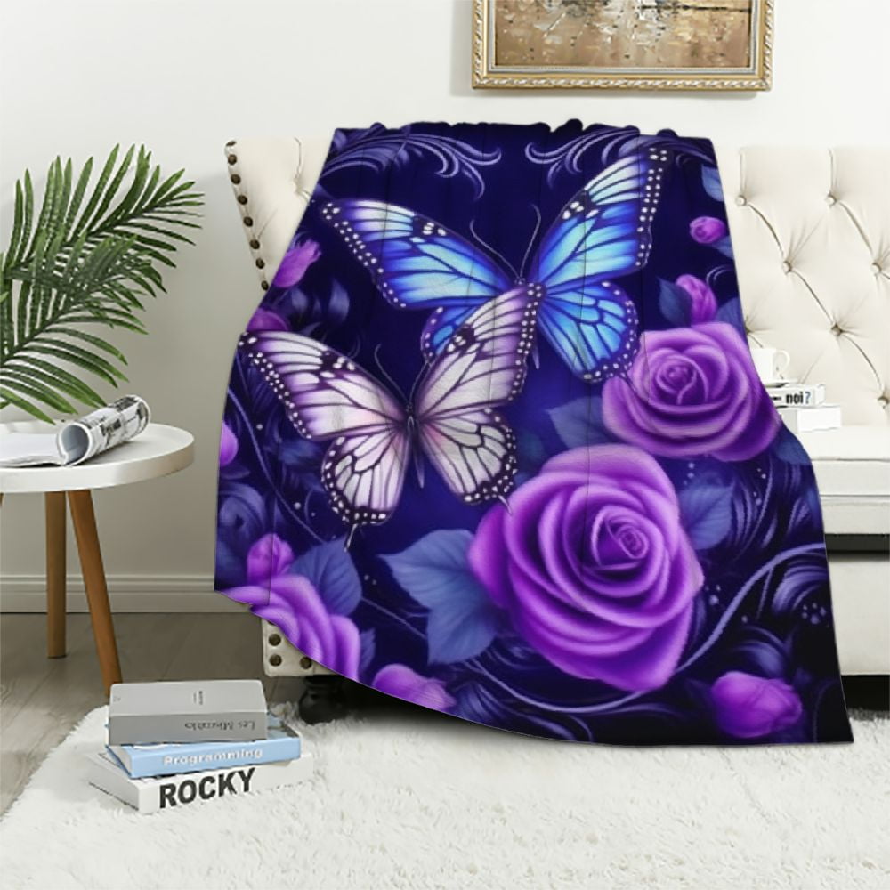 JEUXUS Butterfly Blanket Purple and Blue Butterfly Rose Throw Blanket ...