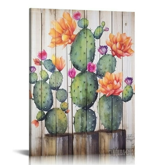 JEUXUS Cactus Wall Art Canvas Cacti Pictures Green Plants Painting, Pink Flowers Botanical Tropical Succulent Artwork Framed for Bedroom Bathroom Living Room Kitchen Home Office Decor,