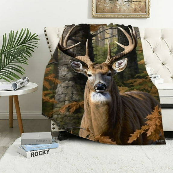 JEUXUS Camo Buck Deer Blanket for Bed Woodland Throw Blanket for Men, Women and Kids Super Soft Plush Deer Blanket Throw, Animal Print Blanket, Blanket for Kids