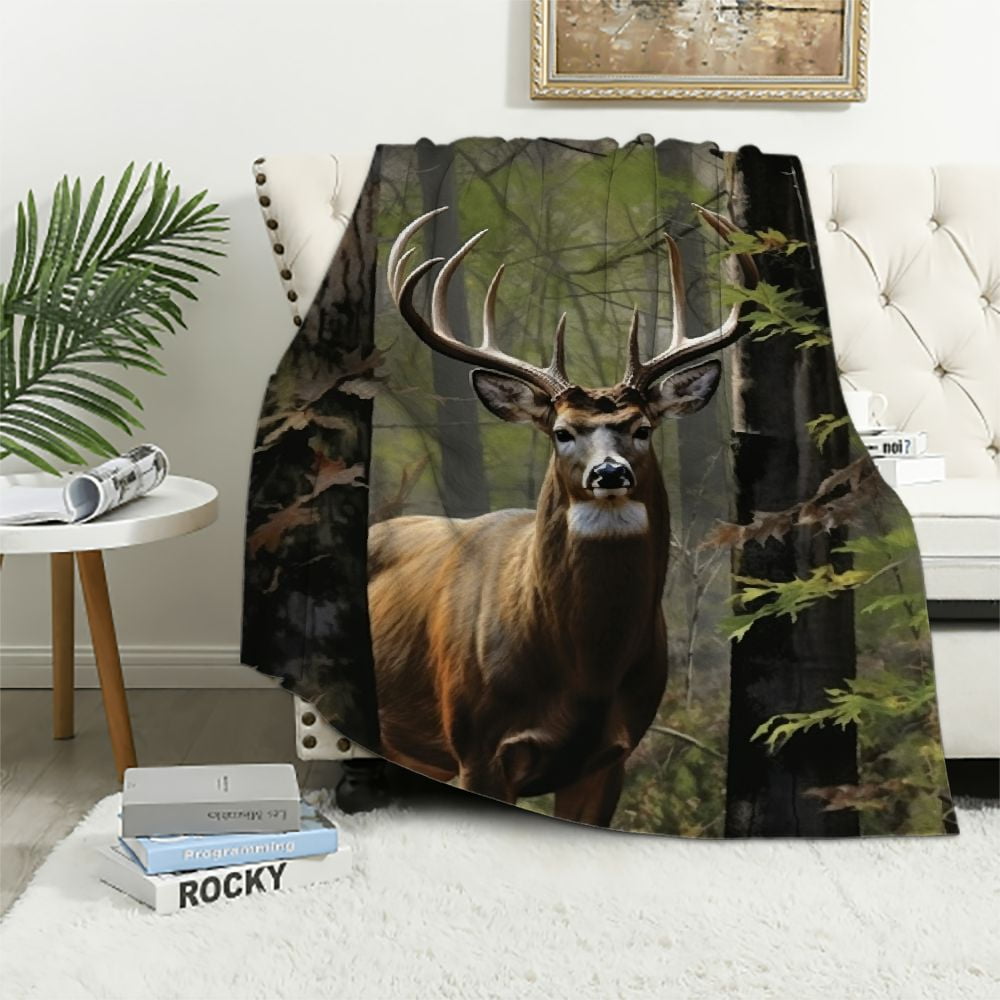 JEUXUS Camo Deer Blanket for Boys Man, Warm Cozy Soft Camo Throw