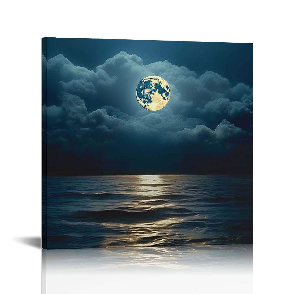JEUXUS Canvas Print Wall Art Harvest Moon on Tropical Ocean Sea Horizon ...