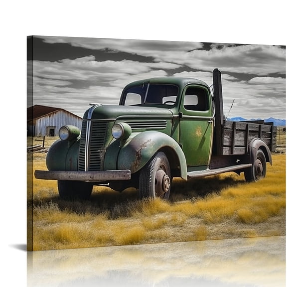 JEUXUS Canvas Print Wall Art - Rusty Truck Canvas Wall Art - Vintage Blue Car Pictures Living Room Decor - Country Style Artwork Posters Paintings