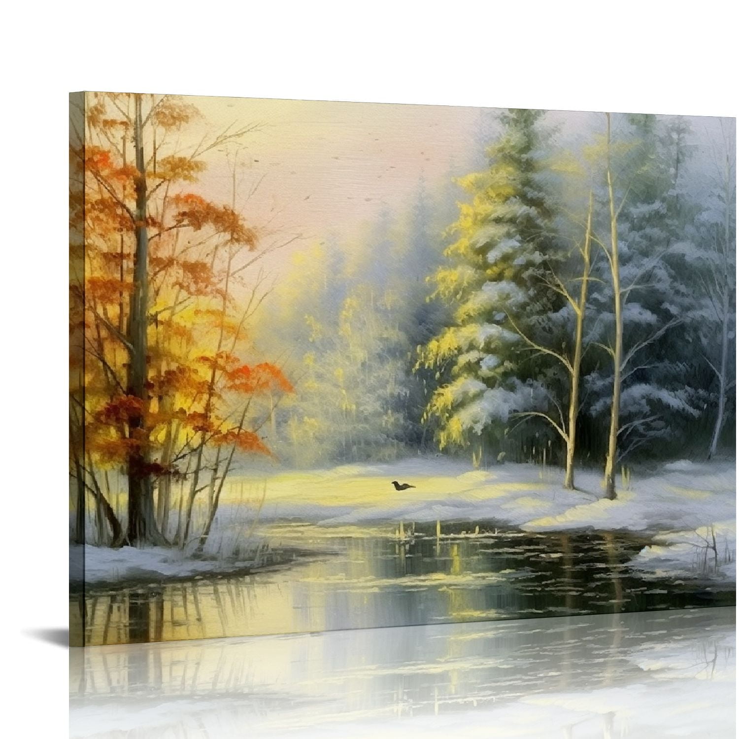 JEUXUS Canvas Print Wall Art Winter Forest Landscape with Frozen Lake ...