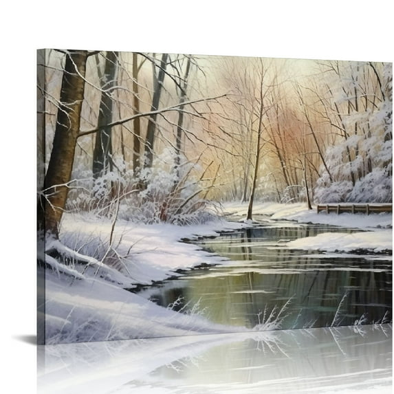 JEUXUS Canvas Print Wall Art Winter River in Snowy Forest Nature Wilderness Illustrations Modern Art Rustic Scenic Colorful Multicolor Zen for Living Room, Bedroom, Office