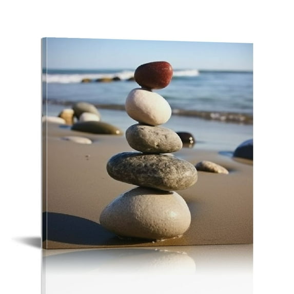 JEUXUS Canvas Prints Wall Art Romantic Beach Theme Zen Stone Pictures Paintings for Living Room Kitchen Home Decor Large Modern Stretched and Framed Seascape Sea Beach Artwork 16x16 inch