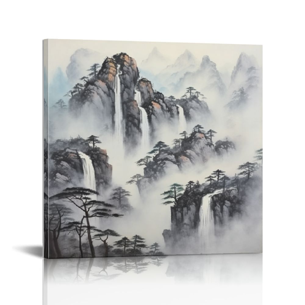 JEUXUS Canvas Wall Art Decor Vintage Ink Painting Chinese Style Black ...