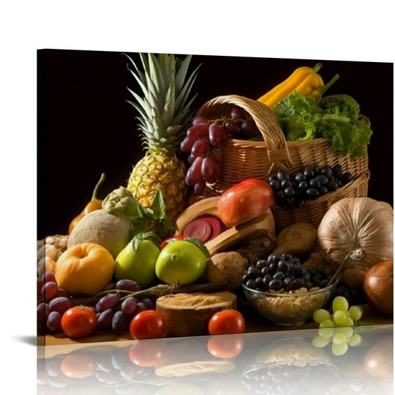 JEUXUS Canvas Wall Art Oil Painting Summer Farm Fruit Vegetables Picture Painting Prints Framed and Stretched,Food Vintage Wooden Country Artwork for Living Room/Bedroom/Bathroom Home Wall Decor