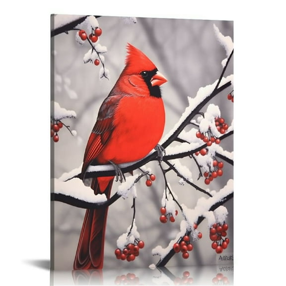 JEUXUS Canvas Wall Art Prints Light Up Cardinal Standing on the Branch Picture Winter Scene Artwork for Holiday Decor