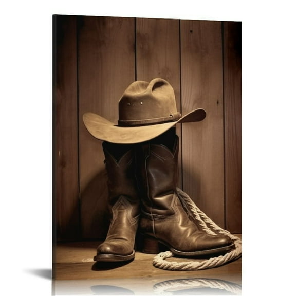JEUXUS Canvas Wall Art Western Decor for Bedroom Bathroom Cowboy Black Hat Boots Vintage Picture Print Painting,Framed Artwork for Living Room,Office 16x20 inch