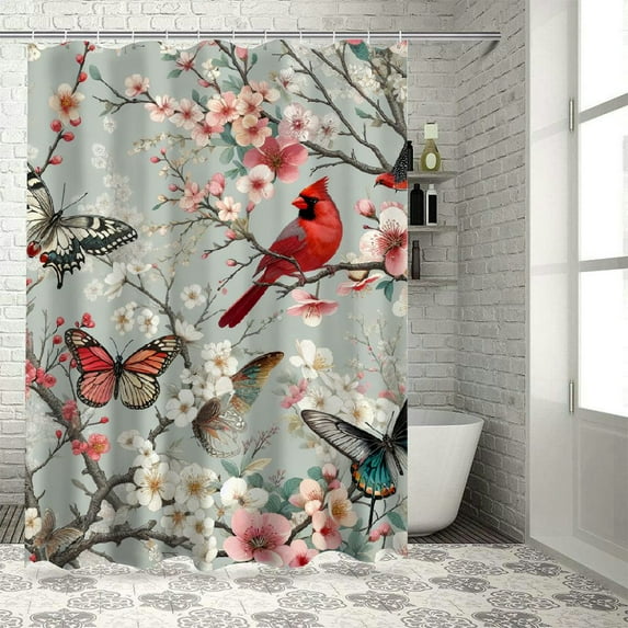 JEUXUS Cardinals Birds Cherry Flowers Waterproof Shower Curtain Multiple Sizes Durable and Washable White