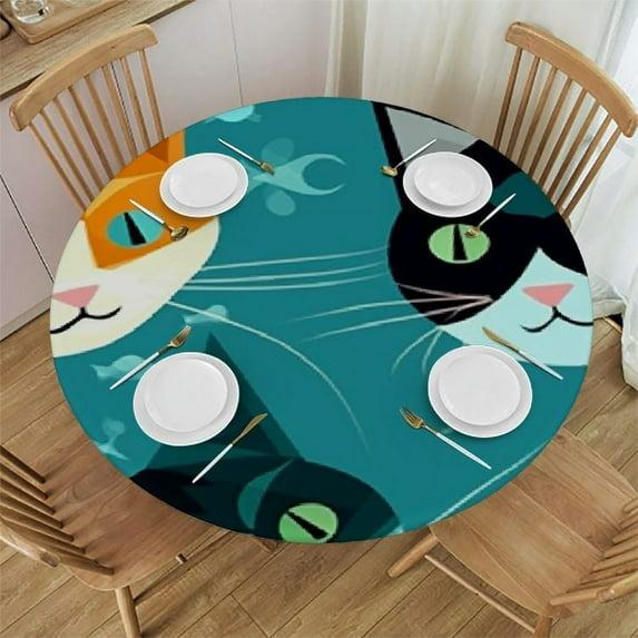 RUIYC Cartoon Cats Round Tablecloth,Cute Kitten Colorful Kitty Blue Green Water Resistant Polyester Table Cloth Decorative Table Cover for Kitchen, Dining Desk,Party,Holiday