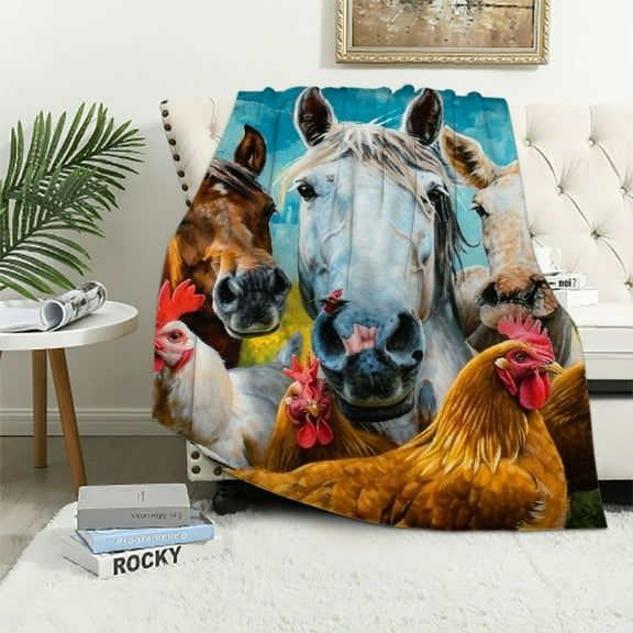 JEUXUS  Cartoon Selfie Farm Animals Blanket for Bed, Queen Size Animal Farm Throw Blanket for Women, Men and Kids - Super Soft Plush Horse Throw Blanket