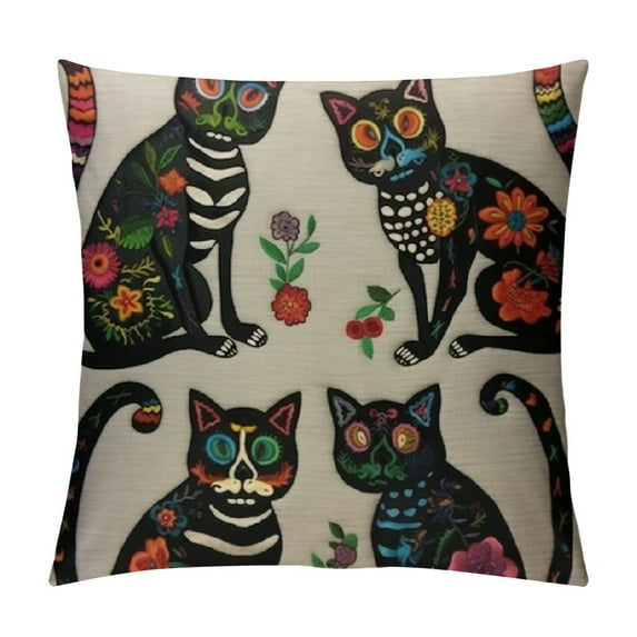 JEUXUS Cat Pillow Case Sugar Skull Black Kitten Mexican Day of The Dead Flower Paisley Heart Throw Pillow Cover Decorative Square Cushion Canvas for Women Men Sofa Bed