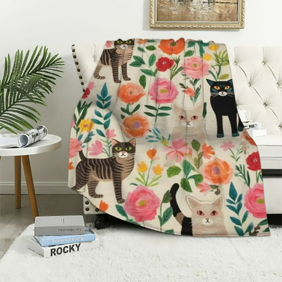 JEUXUS Cat with Flower Blanket Flannel Soft Furry Office Bedding Home Sofa Cats Throw Blanket Warm and Cozy for Kids Teens Adults