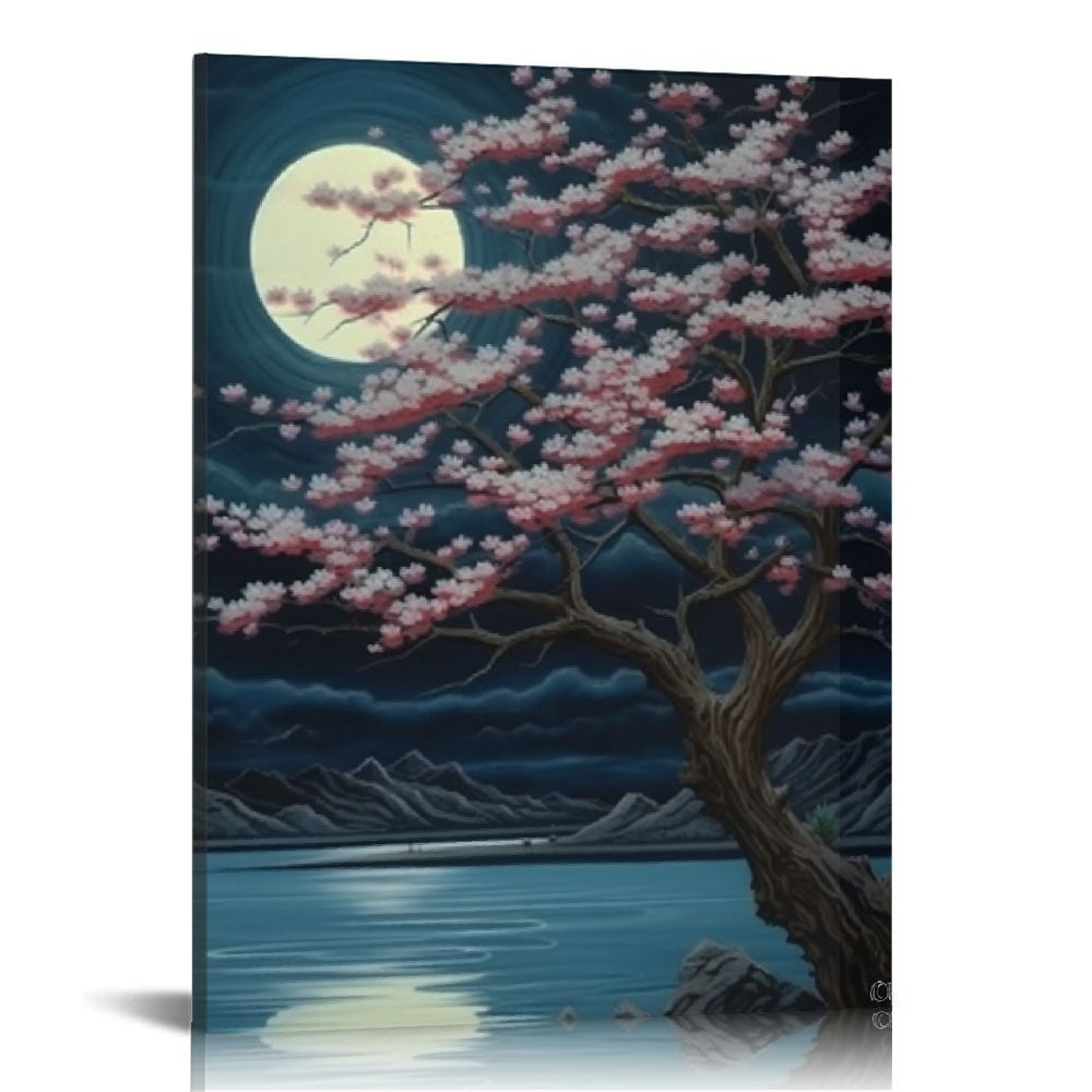 JEUXUS Cherry Blossom Moon Lake Landscape Framed Canvas Wall Art ...