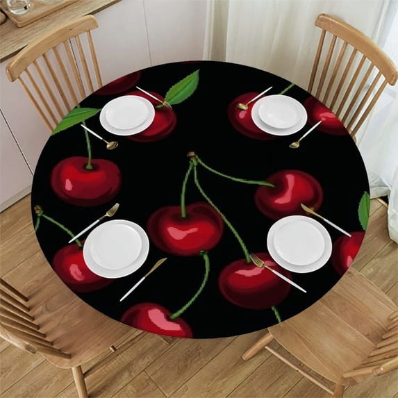 JEUXUS Cherry Pattern Tablecloth Round Table Cover Washable Polyester Table Cloth for Kitchen Party Picnic Dining Decor