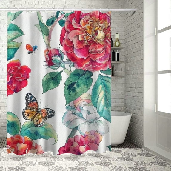 RUIYC Chic Modern Bathroom Decor Floral Vintage Watercolor Pink Flowers and Butterflies White