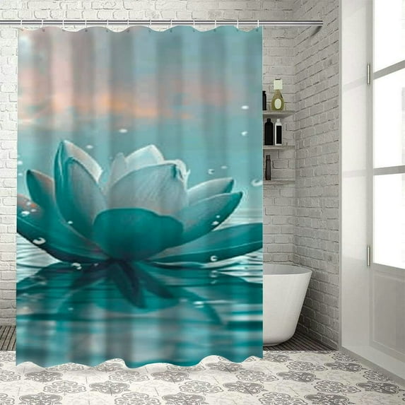 RUIYC Chic Modern Bathroom Decor Teal Water Lily Abstract Boho Floral on Teal Ocean Waterproof Shower Curtain Multiple Sizes White