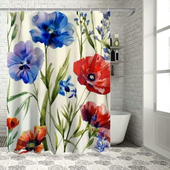 RUIYC Chic Modern Bathroom Decor Wildflowers Colorful Watercolor Flowers Poppy and Chamomile Shower Curtain Multiple Sizes White