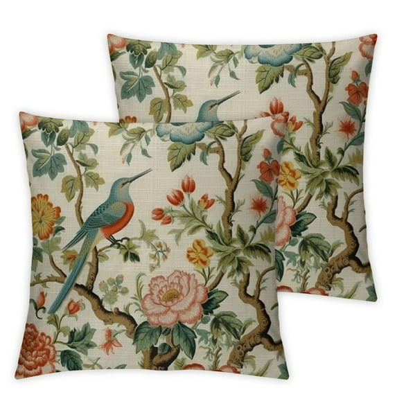 JEUXUS Chinoiserie Red Peony Floral Turquoise Tree Bird Decorative Throw Pillow Covers 2PCS Zipped Farmhouse Square Accent Pillowcase Cushion Cover Case for Sofa Couch Coffee Bar Club Pub Home