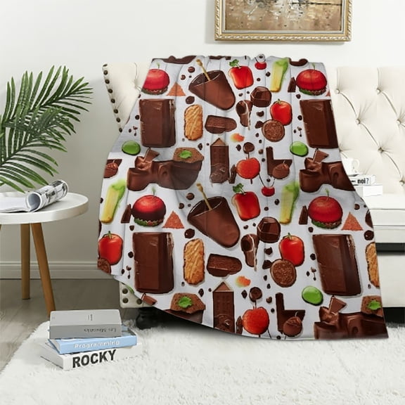JEUXUS Chocolate Throw Blanket, Sweets and Candies with Cocoa Beans Piece of Cake Ice Cream Strawberry Pattern, Flannel Accent Piece Soft Couch Cover for Adults, Brown Green