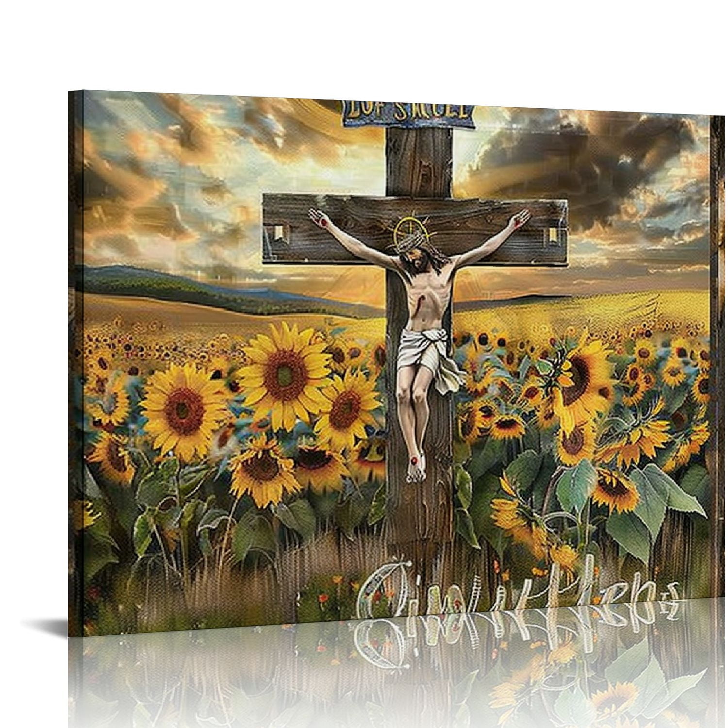 Rustic Scripture Paintings JEUXUS Christian Cross Wall Art Rustic Window Sunflower Religious ...