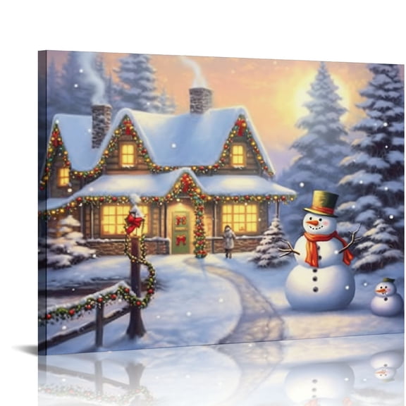JEUXUS Christmas Canvas Wall Art 20x16in - Lighted Up Snowman in the Snow Canvas Print LED Xmas Wall Art Prints for Holiday Decor