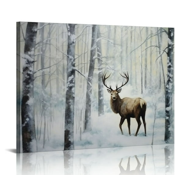 RUIYC Christmas Canvas Wall Art, Christmas Framed Wall Art with Deer in Winter Snowy Forest for Christmas Wall Decorations, Christmas Gifts