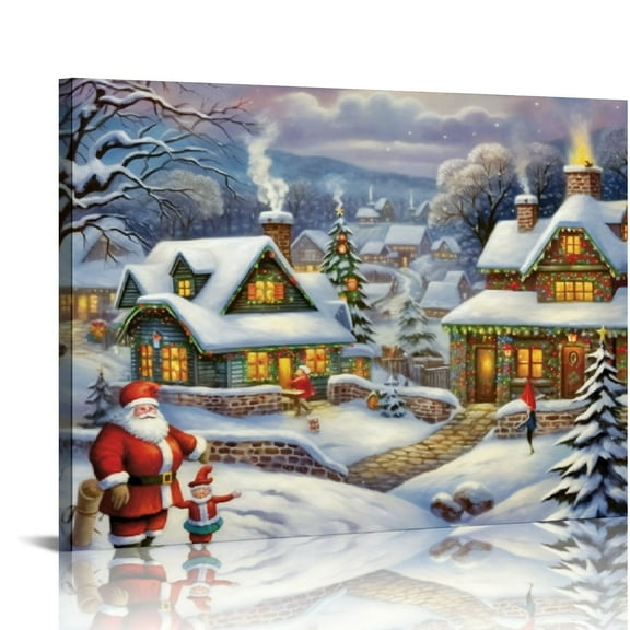 JEUXUS Christmas Canvas Wall Art - Christmas Winter Wall Art, Vintage Santa Claus Christmas Snowy Pictures Wall Decor For Rustic Home Christmas Framed Canvas Prints Ready To Hang 20x16in