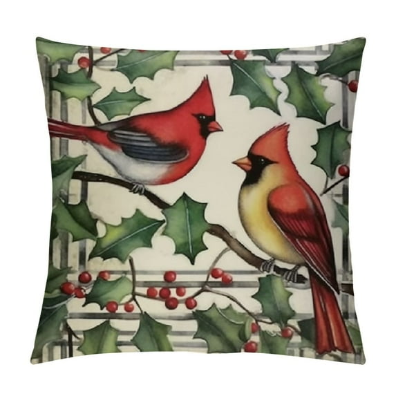 JEUXUS Christmas Cardinal Decorative Throw Pillow Covers, Red Bird Wreath Holly Berry Poinsettia Cushion Case Decor, Lamp Pine Cone Buffalo Plaid Check Farmhouse Holiday Home Decoration
