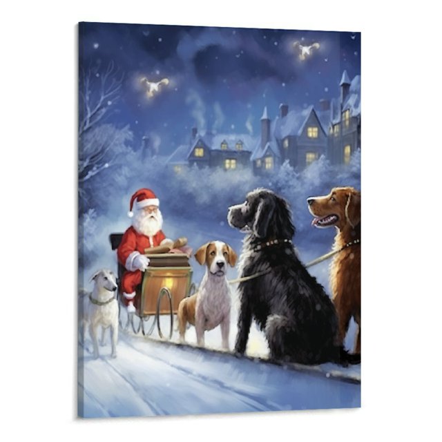 JEUXUS Christmas Decoration Xmas Wall Art Dogs Watching Santa Canvas